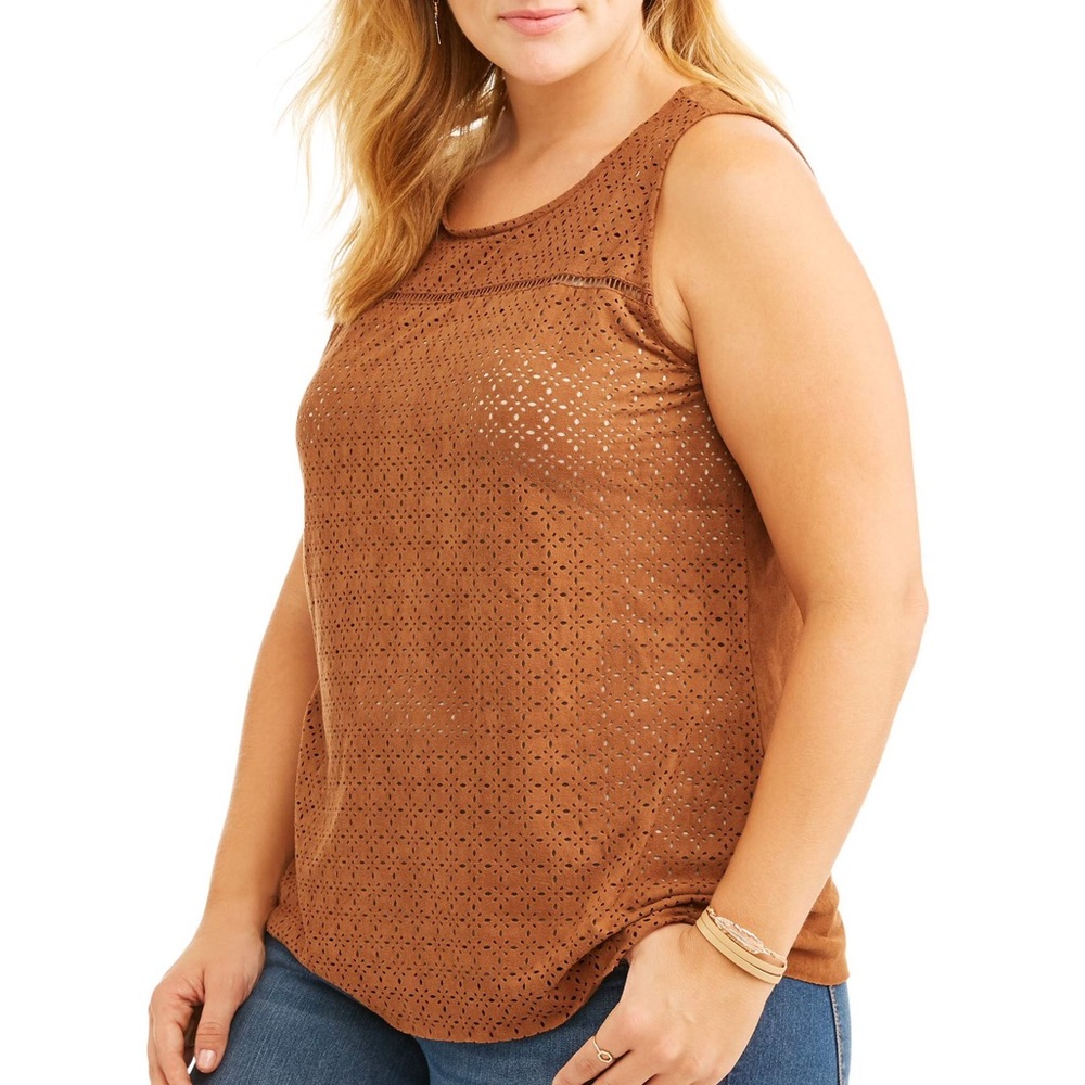 French Laundry Boho Sleeveless Brown Vegan Suede Floral Women Large Tank Top